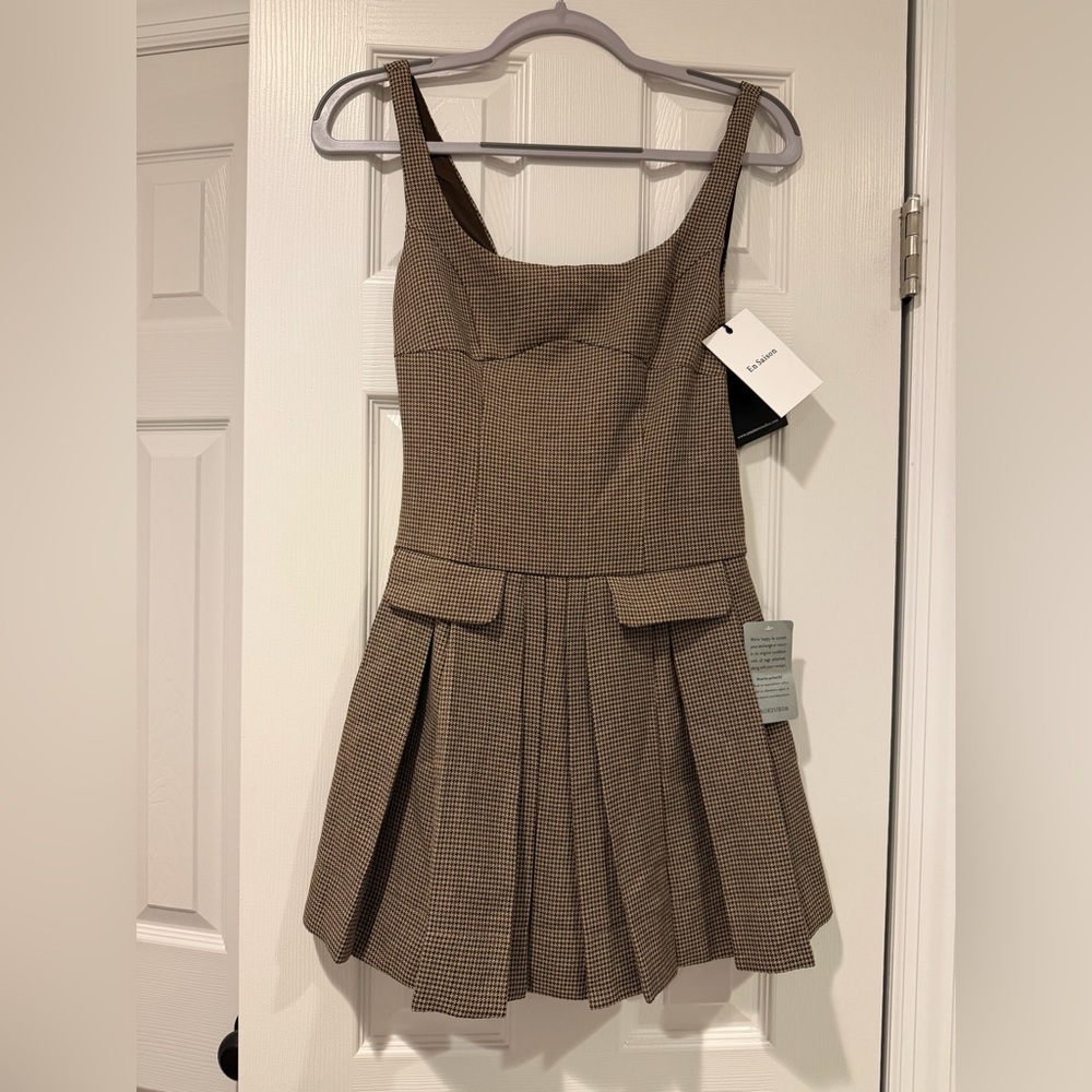 En Saison Brown Houndstooth Pleated Mini Dress